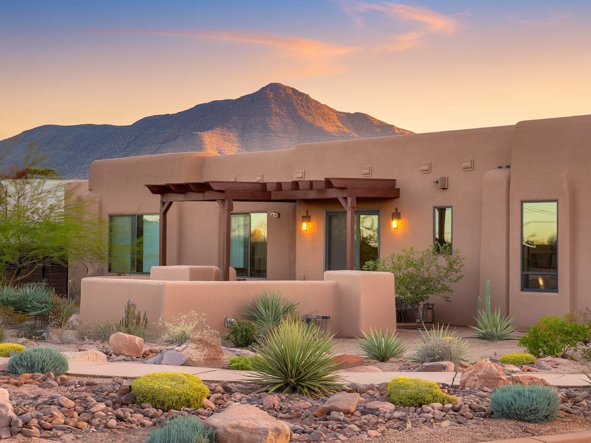 Modern southwestern rental property in Albuquerque with desert xeriscape landscaping and Sandia Mountains in the background