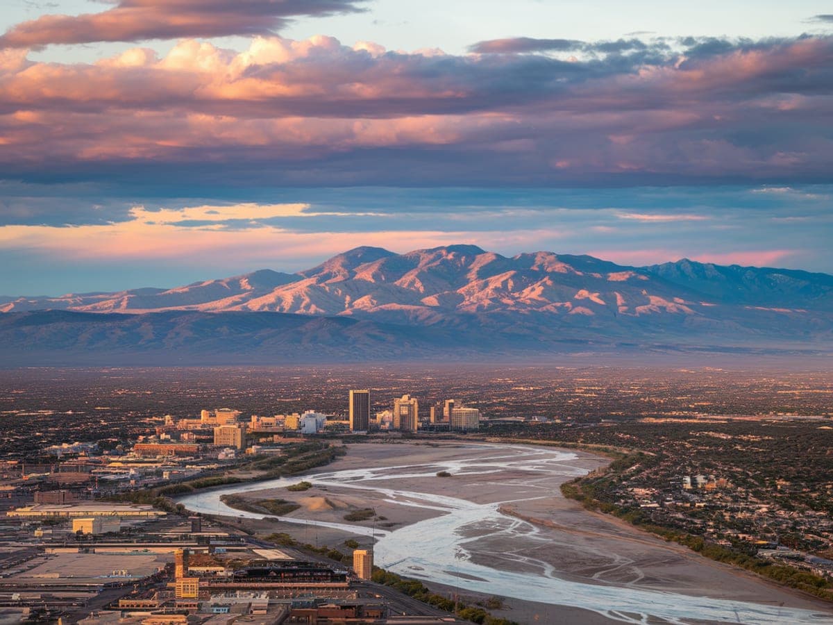 Panoramic view of Albuquerque and the Rio Grande Valley at sunset