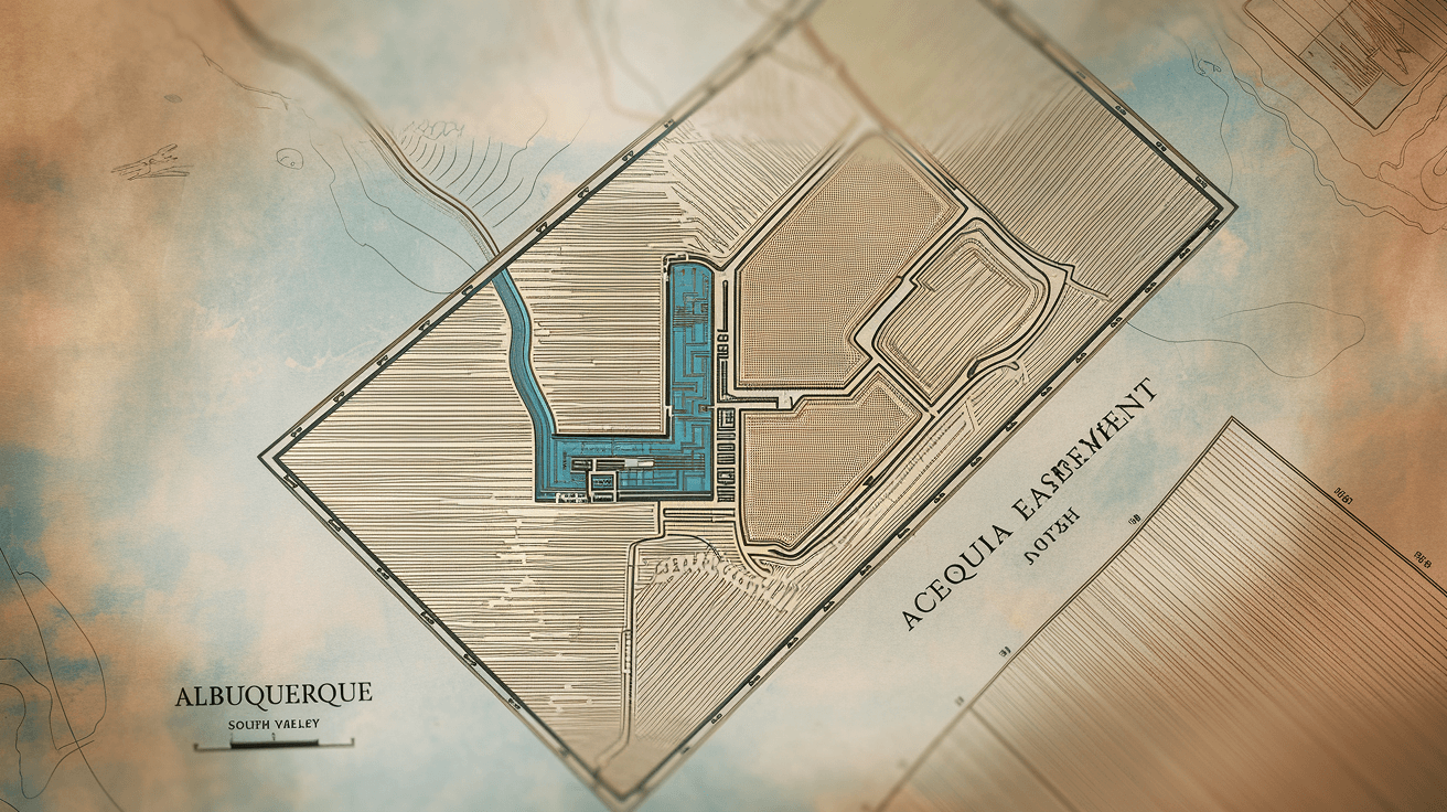 A property survey map showing an acequia easement running through a residential lot in Albuquerque's South Valley, with property boundary lines and irrigation ditch clearly marked