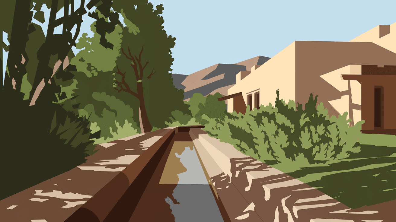 An earthen acequia irrigation channel running alongside a traditional adobe property in Albuquerque's North Valley, with cottonwood trees and the Sandia Mountains visible in the background