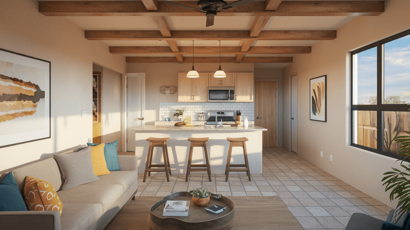 A realistic interior view of a finished Albuquerque casita guest unit showing a compact open-plan living space with Saltillo tile floors, vigas on the ceiling, a small modern kitchen with stainless appliances, and warm afternoon light coming through a southwest-facing window
