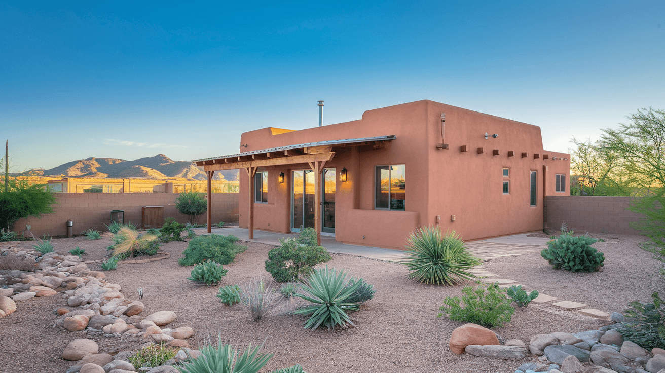 A newly constructed adobe-style casita in an Albuquerque backyard with terracotta stucco walls, a metal roof, desert landscaping with native plants, and the Sandia Mountains visible in the background under a clear blue New Mexico sky
