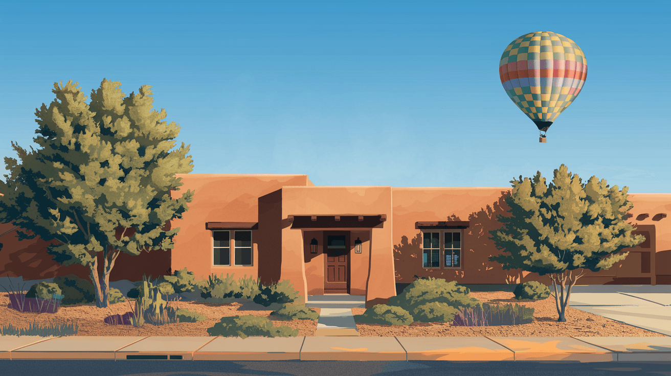 The front facade of a traditional adobe home in Albuquerque's North Valley with an earthy terracotta exterior, mature landscaping, and a single colorful hot air balloon drifting low overhead in the clear blue morning sky