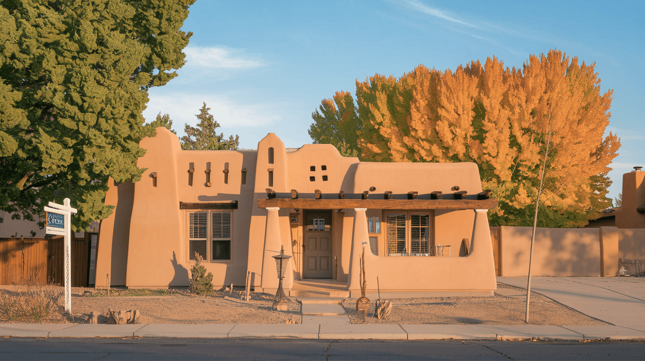 A well-maintained adobe home in Albuquerque's North Valley neighborhood surrounded by mature cottonwood trees turning golden in fall, with a for-sale sign in the front yard