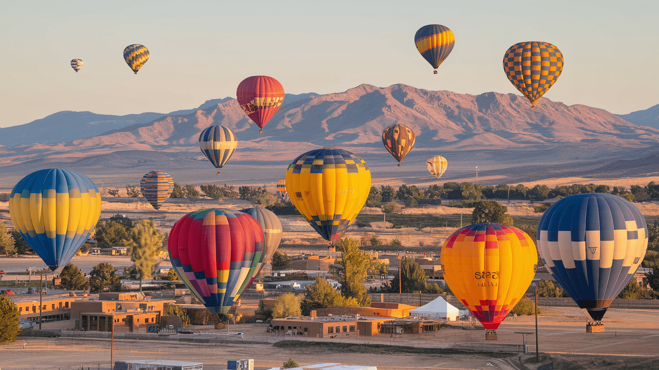 Dozens of colorful hot air balloons floating over the Rio Grande valley at sunrise, with Albuquerque's North Valley adobe homes and the Sandia Mountains glowing pink in the background