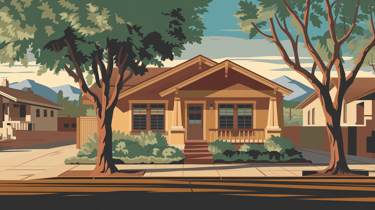 A craftsman-style bungalow on a tree-lined street in Nob Hill, Albuquerque, with the Sandia Mountains visible in the late afternoon light