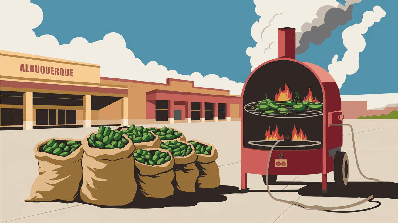 Burlap sacks of freshly harvested Hatch green chiles piled beside a spinning wire roaster with flames visible, parked in an Albuquerque grocery store parking lot on a bright August afternoon