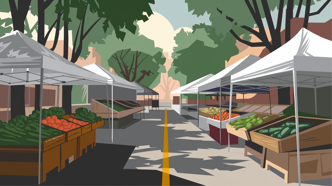 The Saturday morning Nob Hill Growers Market in Albuquerque, rows of produce vendors under white canopy tents on a tree-lined street, fresh green chiles and vegetables displayed in wooden bins, soft morning light filtering through the cottonwoods