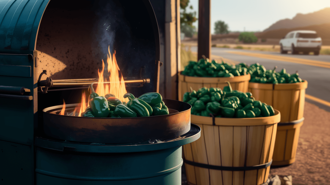 A weathered green chile roaster drum spinning over open flame at a roadside stand in Albuquerque, baskets of freshly harvested Hatch green chiles stacked nearby, late afternoon golden light, cinematic and warm