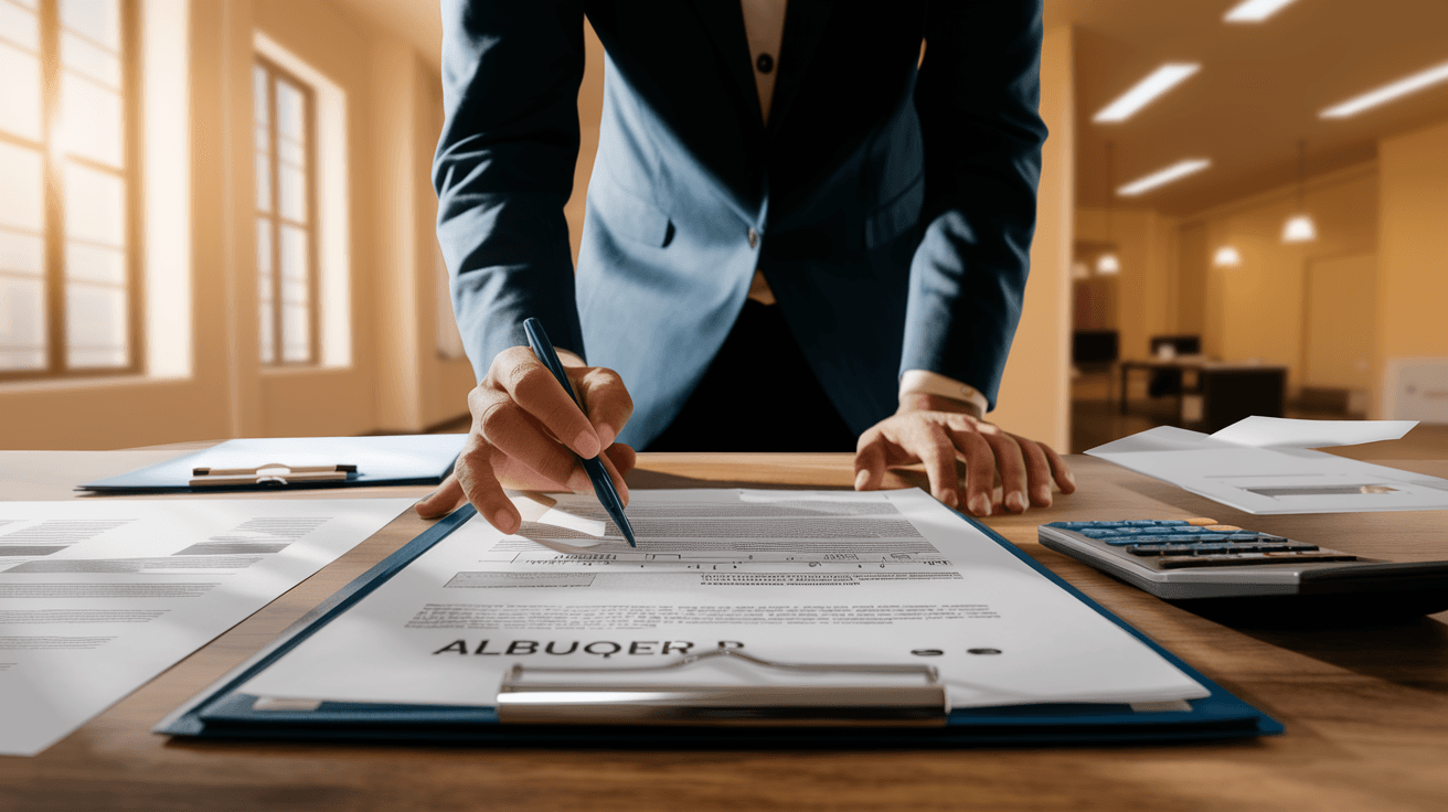 A loan officer reviewing mortgage documents at a clean desk with natural light, warm office tones, no faces visible, Albuquerque real estate context