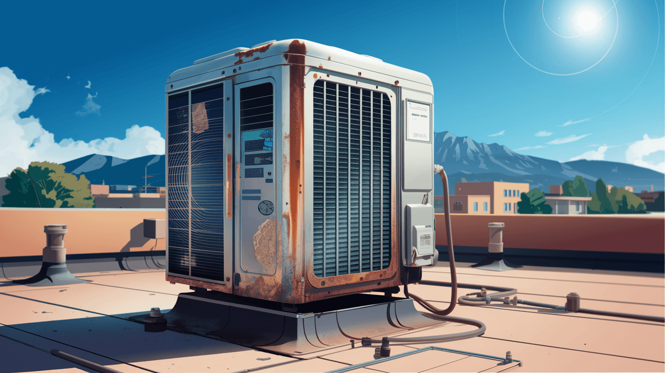 An aging evaporative cooler unit mounted on a flat roof of an Albuquerque home, showing rust on the metal cabinet and mineral deposits around the water lines, with the Sandia Mountains visible in the background under a bright blue sky
