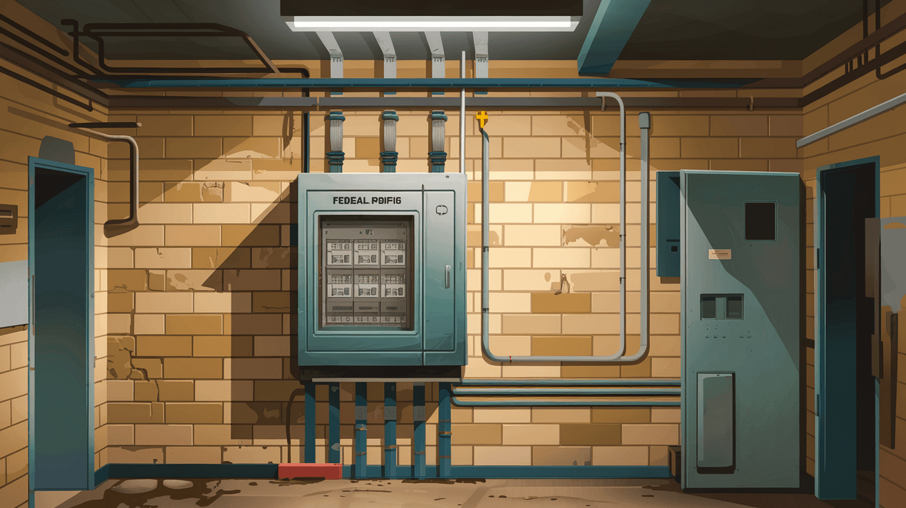 Interior view of an older Albuquerque home's electrical panel box showing an outdated Federal Pacific breaker panel with visible corrosion, mounted on a utility room wall with exposed conduit
