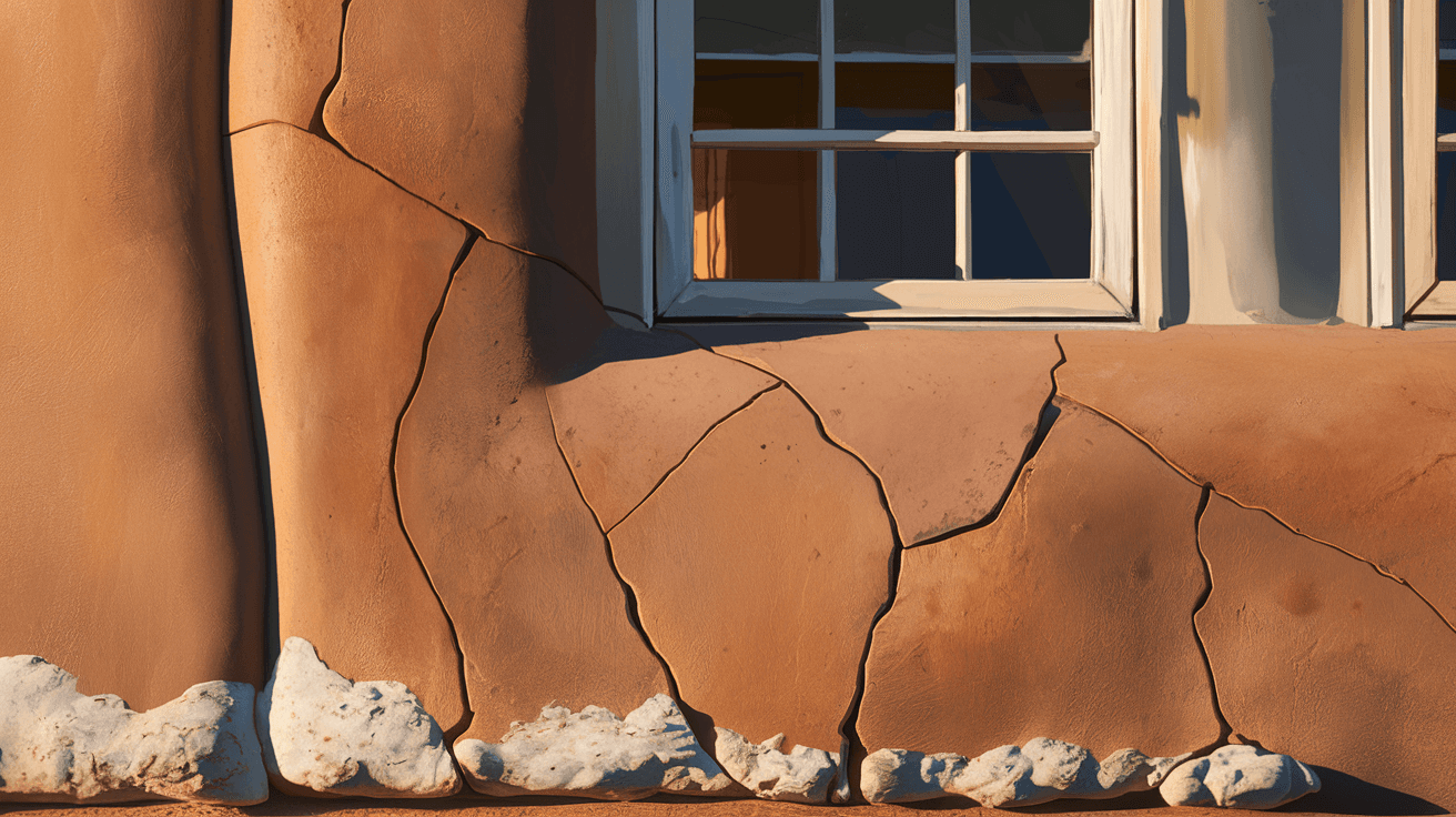 Close-up of cracked stucco on an Albuquerque adobe home exterior, showing diagonal cracks near a window corner and white efflorescence mineral staining at the base of the wall, warm afternoon light