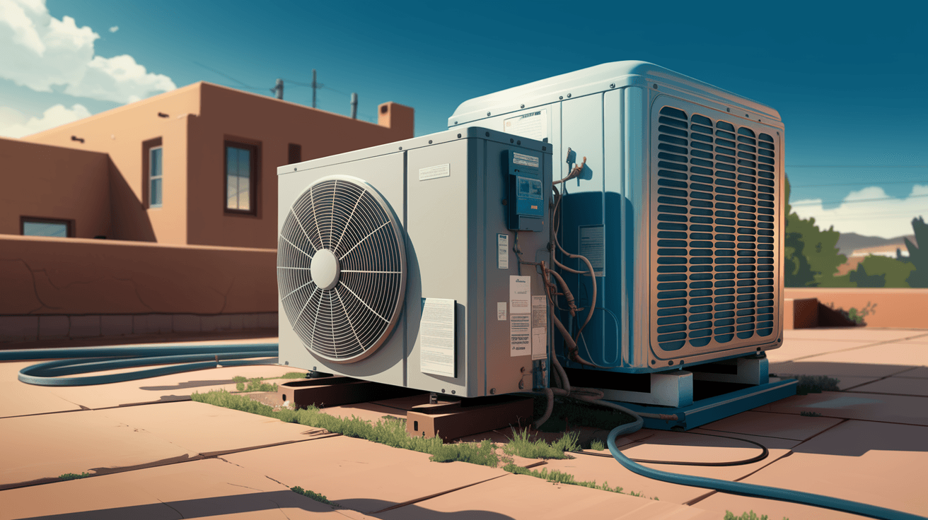 A residential HVAC condenser unit and swamp cooler sitting on the roof of an Albuquerque adobe home, showing sun-faded surfaces and dust accumulation against a clear New Mexico sky