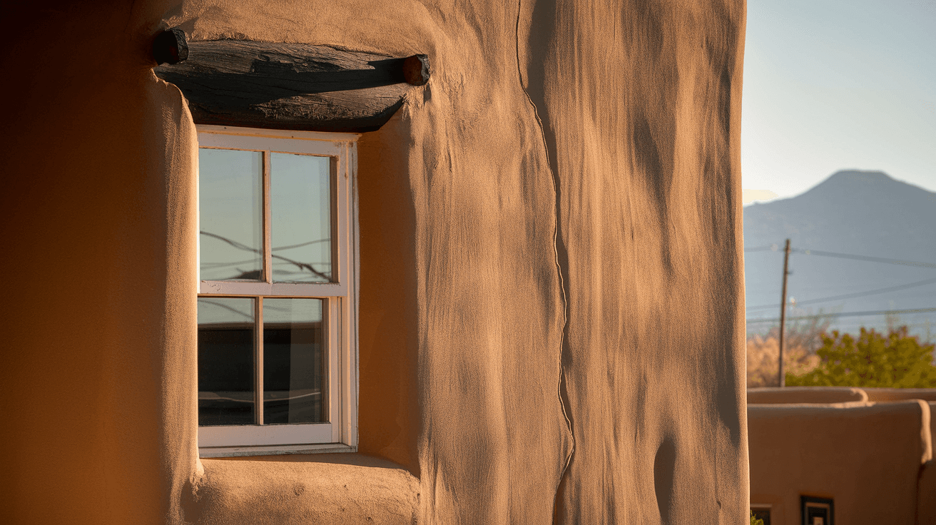 Close-up of sun-bleached stucco exterior on a traditional adobe-style Albuquerque home showing hairline cracks near a window frame, warm afternoon light, Sandia Mountains visible in the background
