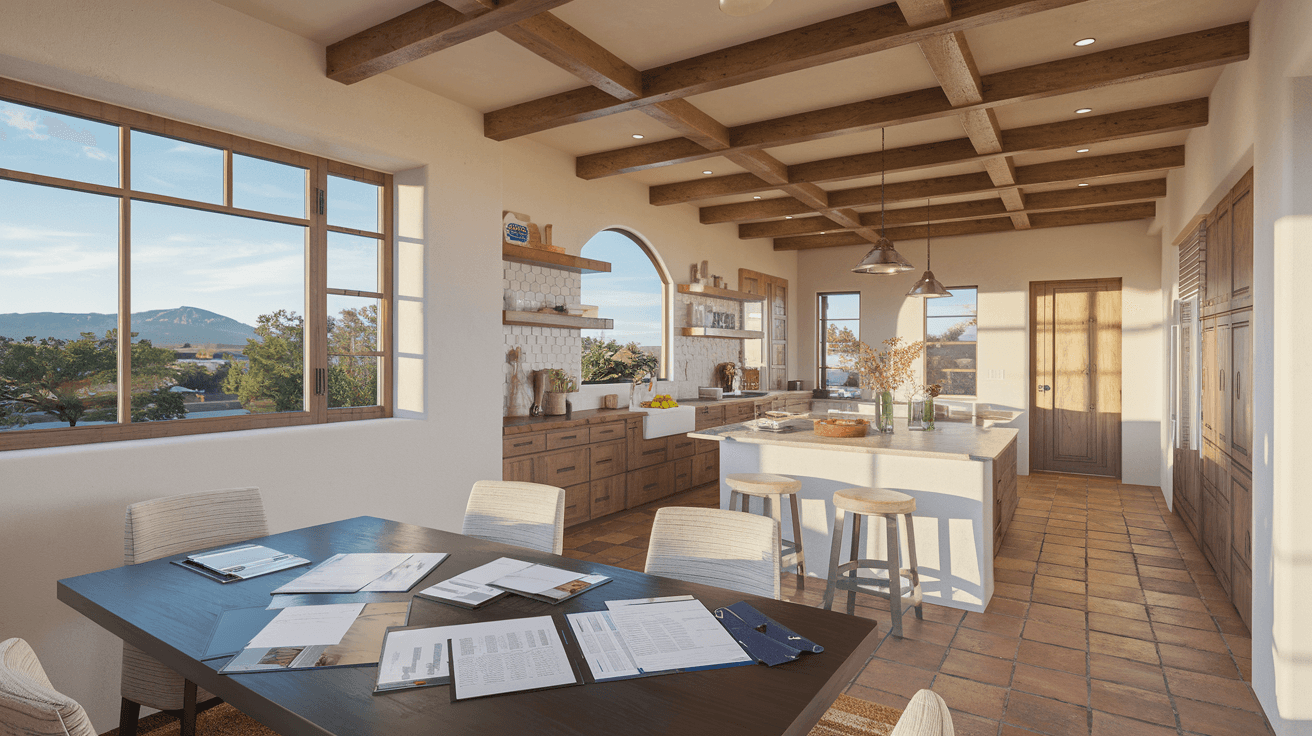 A couple reviewing documents with a real estate agent at a kitchen table inside a modern Albuquerque home, natural light, Southwestern architectural details visible