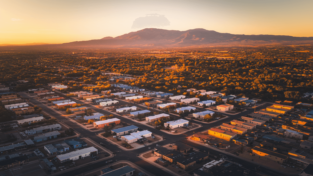 Aerial view of Albuquerque residential neighborhoods stretching toward the Sandia Mountains at golden hour, showing the density of the Northeast Heights and the open parcels of the North Valley