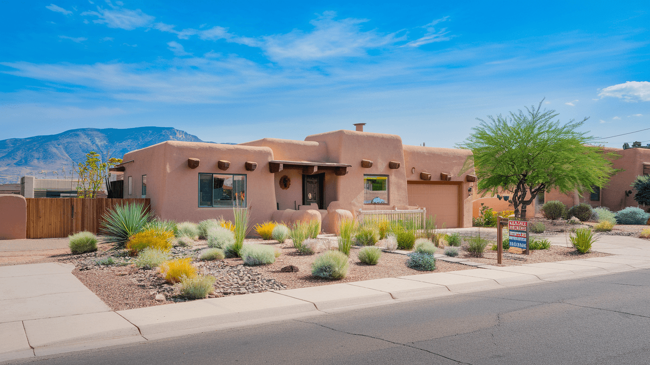A well-maintained adobe-style home in the Northeast Heights with xeriscaped front yard, Sandia Mountains visible in the background, for-sale sign in yard