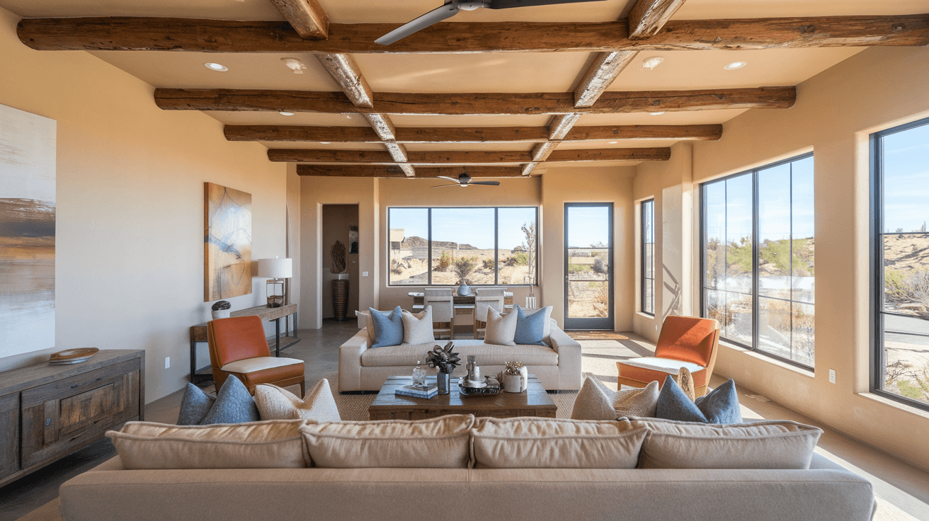 Interior of an Albuquerque home staged for sale, showing open living area with vigas ceiling, warm Southwestern decor, and natural light from large windows