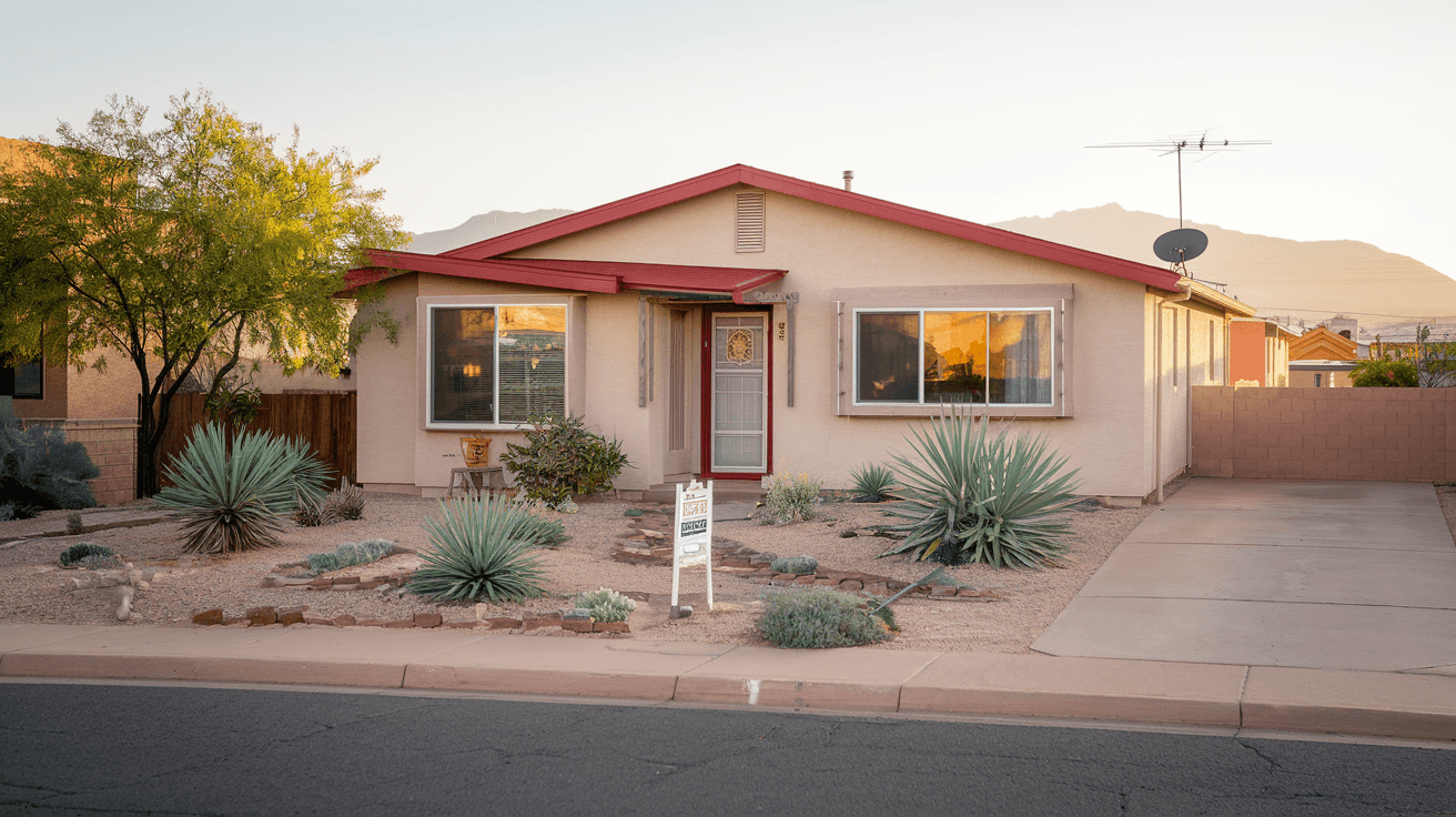 A well-maintained 1960s ranch-style home in Albuquerque's Northeast Heights with xeriscaped front yard, Sandia Mountains visible in background, late afternoon light