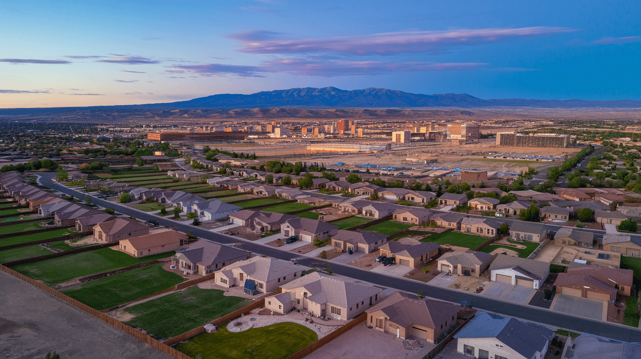 Aerial view of Albuquerque residential neighborhoods stretching toward the Sandia Mountains at golden hour, showing a mix of established neighborhoods and new development tracts
