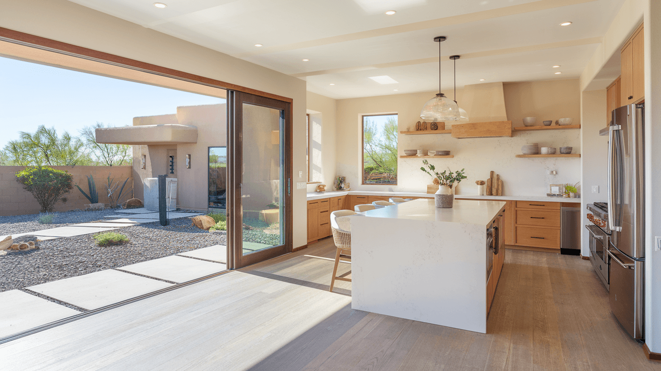 Interior of a newly constructed Albuquerque home showing an open-concept kitchen with quartz countertops, stainless appliances, and large windows overlooking a desert landscaped backyard