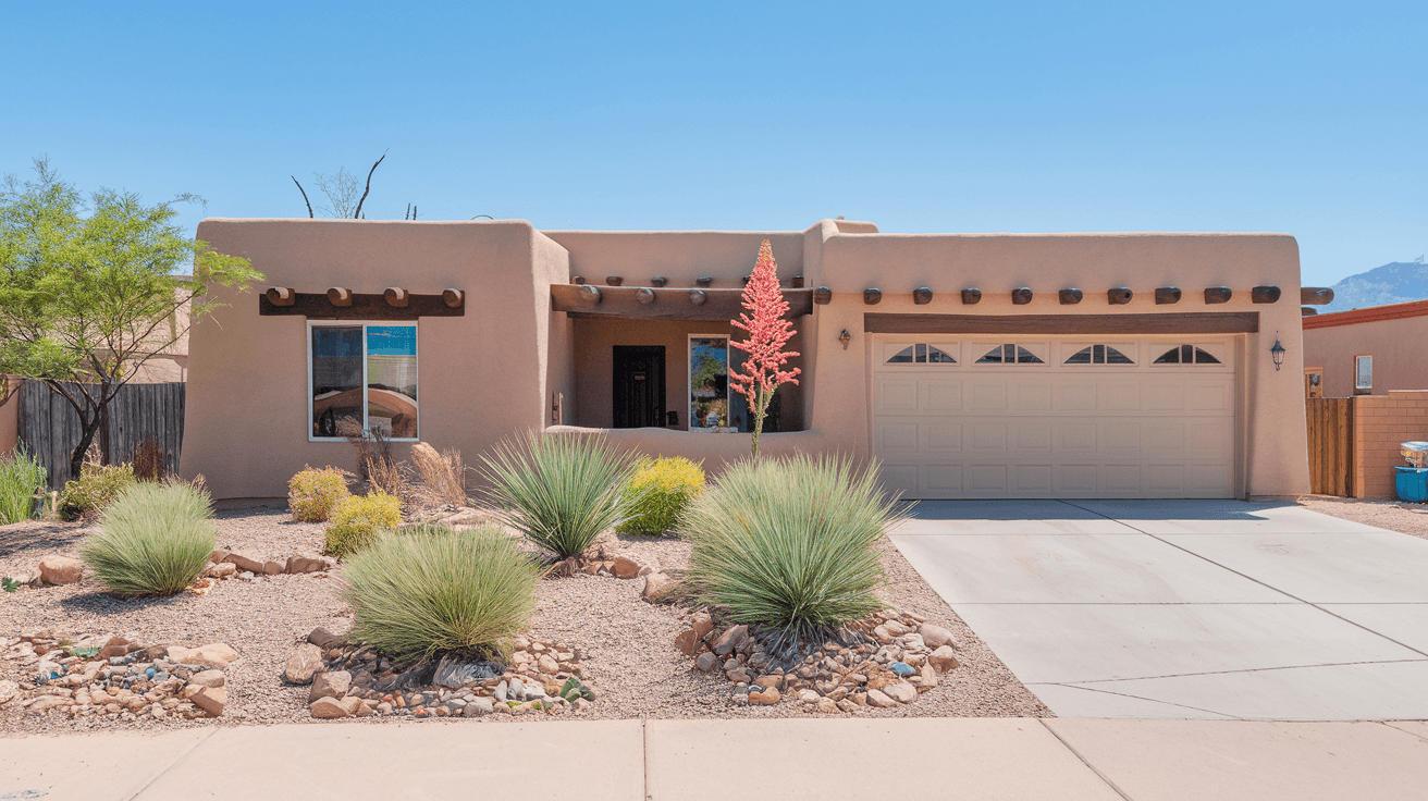 A well-maintained adobe-style home in Albuquerque's Northeast Heights neighborhood with mature landscaping, a two-car garage, and the Sandia Mountains visible in the background