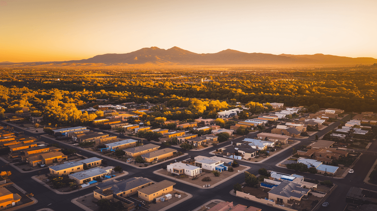 Aerial view of Albuquerque's residential neighborhoods spreading east toward the Sandia Mountains at golden hour, with the Rio Grande cottonwood corridor visible in the foreground
