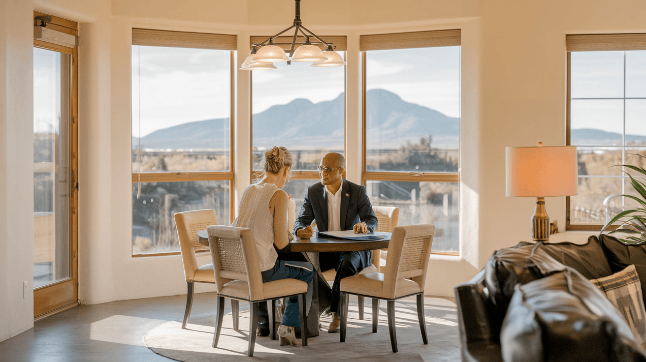 A couple reviewing home listing documents with a real estate agent inside a bright, modern Albuquerque home with large windows and Sandia Mountain views in the background