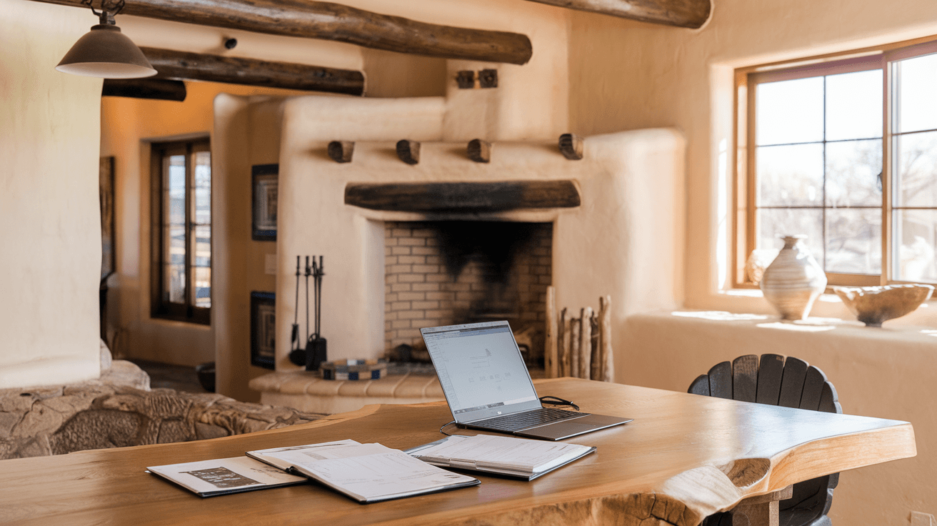 A real estate agent and couple reviewing documents at a kitchen table inside a well-lit Albuquerque home with Southwestern architectural details