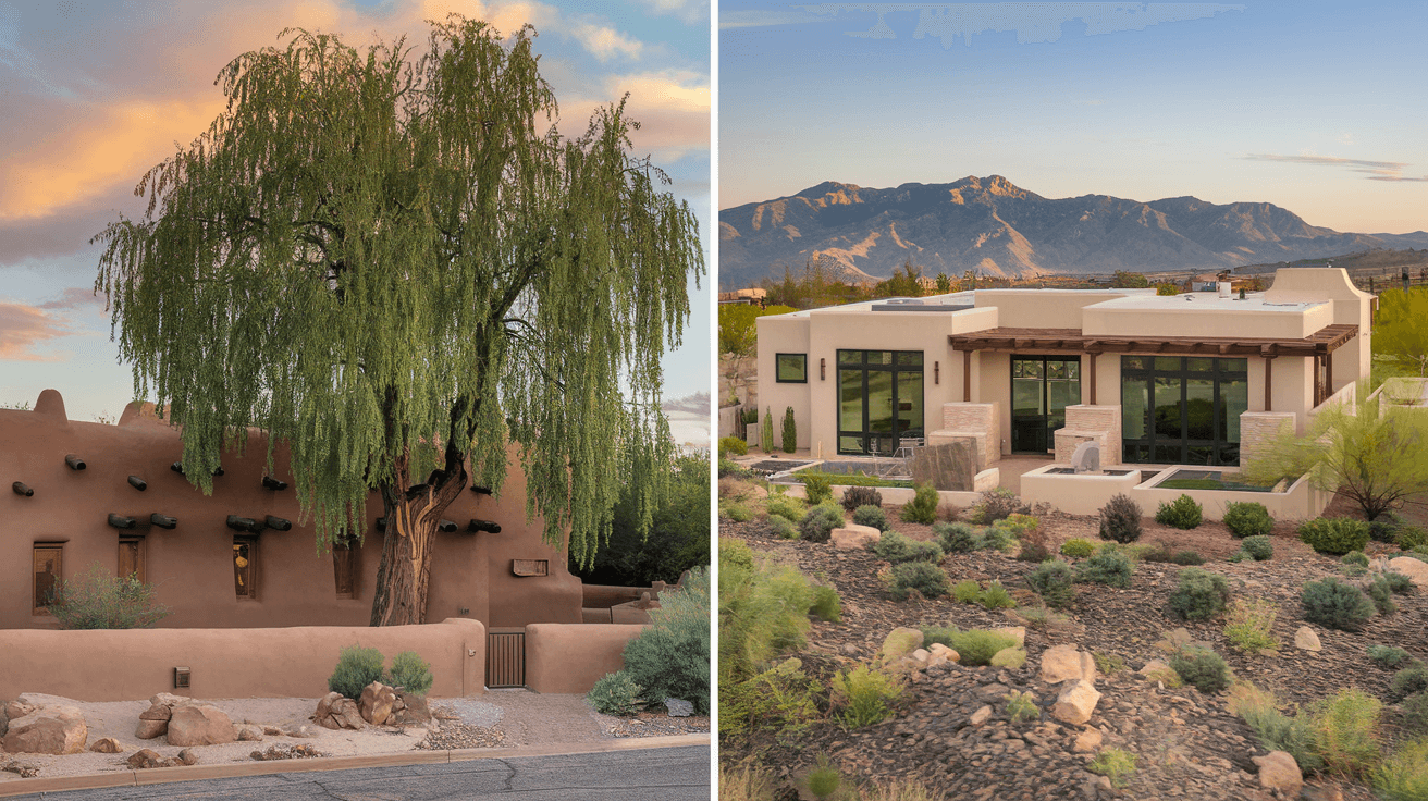 Split-view of a North Valley adobe home with mature cottonwood trees alongside a modern High Desert stucco home with mountain views, representing Albuquerque's diverse housing stock