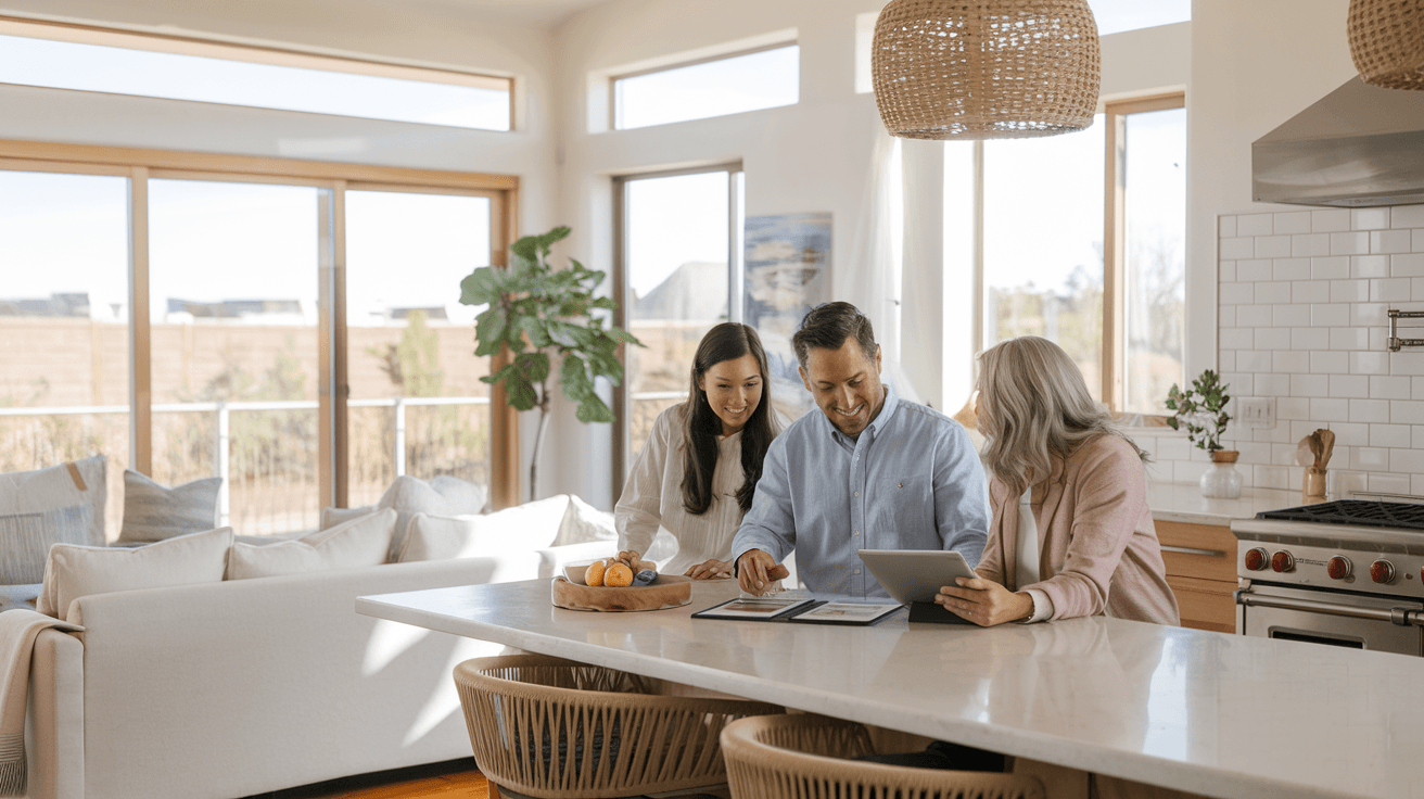 A couple reviewing home listing documents with a real estate agent at a kitchen table in a bright Albuquerque home, natural light coming through large windows