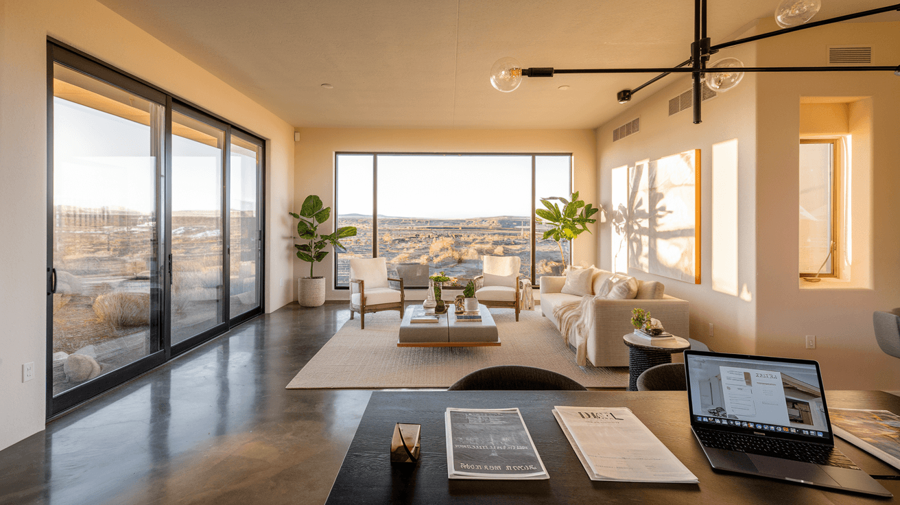 A couple reviewing home listing documents with a real estate agent at a kitchen table in a staged Albuquerque home, natural light coming through southwest-facing windows