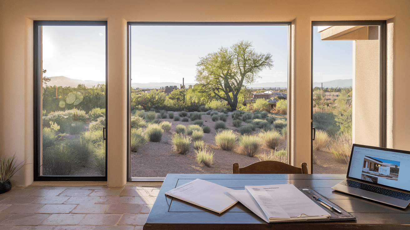 A real estate agent reviewing documents with a couple at a kitchen table in a well-lit Albuquerque home, natural light streaming through large windows