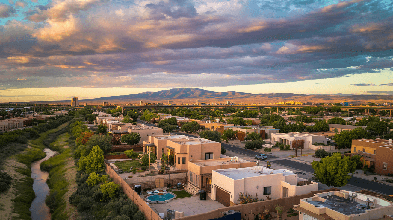 Aerial view of Albuquerque's residential neighborhoods spreading east toward the Sandia Mountains at golden hour, with the Rio Grande bosque visible to the west and late-summer storm clouds building over the peaks