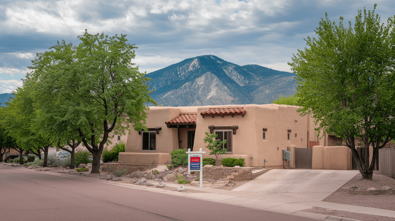 A well-maintained adobe-style home in Albuquerque's Northeast Heights neighborhood with a for-sale sign in the front yard, mature cottonwood trees lining the street, and the Sandia Mountains visible in the background