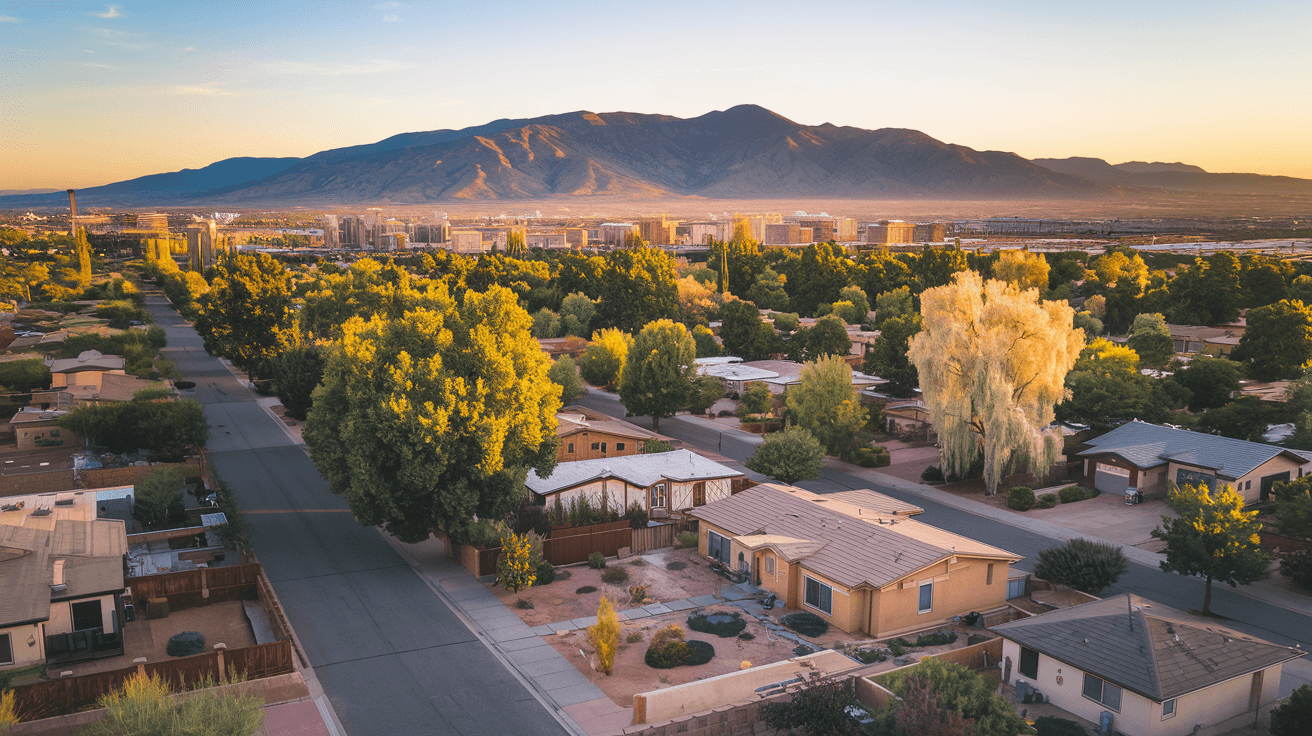Aerial view of Albuquerque's Northeast Heights neighborhoods at golden hour, Sandia Mountains glowing pink in the background, residential streets and mature cottonwood trees visible from above
