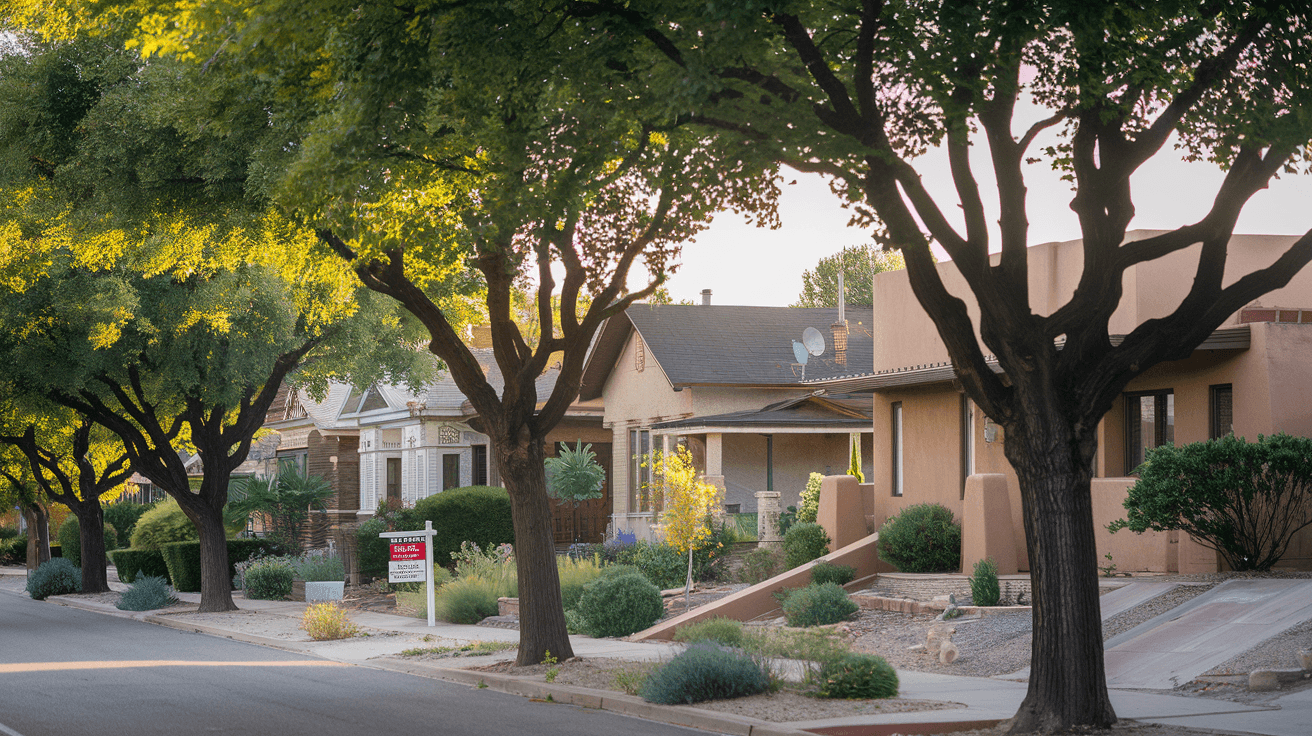 A tree-lined residential street in Nob Hill, Albuquerque, with craftsman bungalows and mature elm trees, late afternoon sunlight filtering through the canopy, a for-sale sign visible in one front yard
