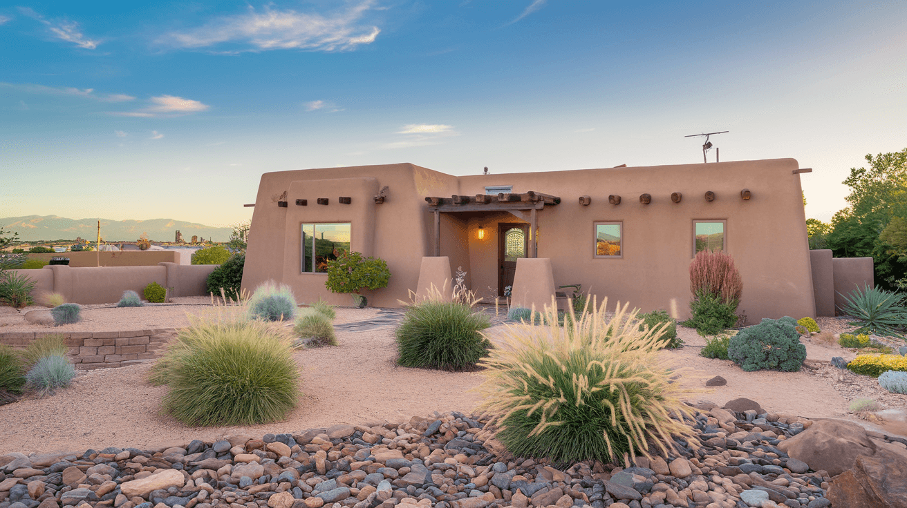 Street-level view of a well-maintained adobe-style home in Albuquerque's Northeast Heights with desert landscaping, blue sky, and the Sandia Mountains visible in the distance