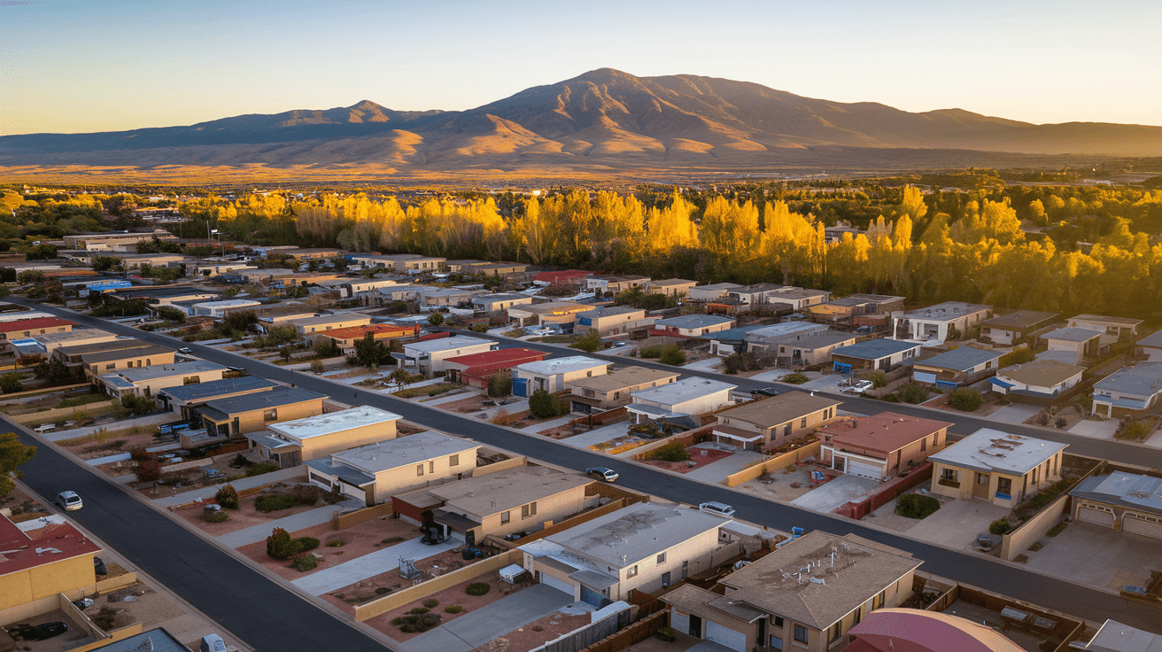 Aerial view of Albuquerque's Northeast Heights residential grid at golden hour, Sandia Mountains glowing pink in the background, cottonwood trees lining the bosque visible to the west