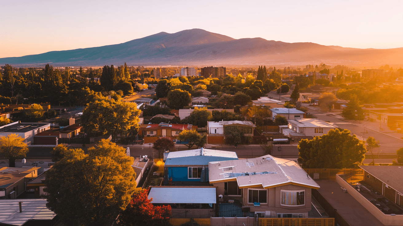 Aerial view of Albuquerque's Northeast Heights residential neighborhoods at golden hour, Sandia Mountains in the background, mature trees lining the streets below