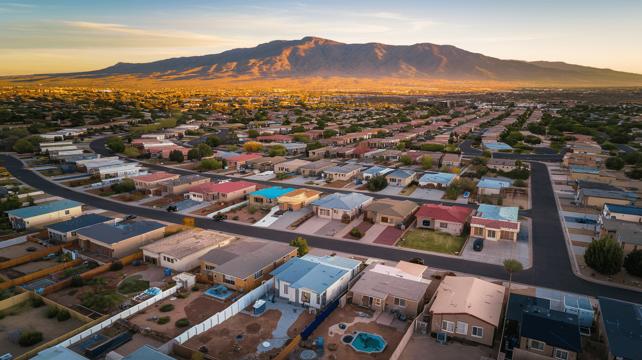 Aerial view of Albuquerque residential neighborhoods stretching toward the Sandia Mountains at golden hour, showing the density of the Northeast Heights and the open terrain of the East Mountains in the background
