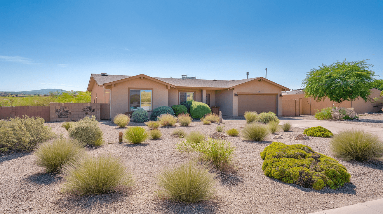 A well-maintained 1970s ranch-style home in the Northeast Heights with a xeriscape front yard, blue sky, and the Sandia Mountains visible in the background