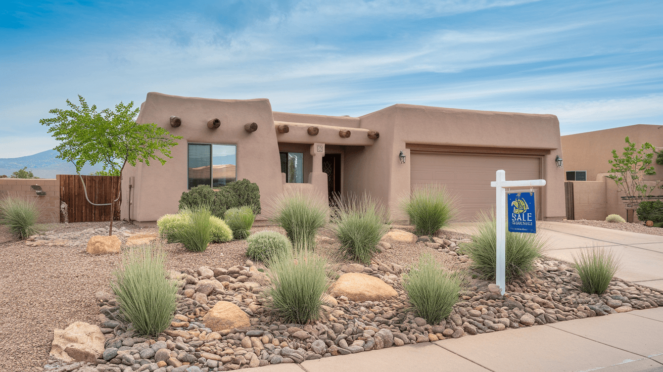 A well-maintained single-story adobe home in the Northeast Heights with desert landscaping, a for-sale sign in the front yard, and the Sandia Mountains visible in the background
