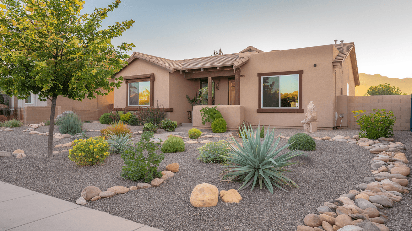 A well-maintained single-family home in Albuquerque's Northeast Heights neighborhood with xeriscape front yard, Sandia Mountains visible in the background, mid-morning light