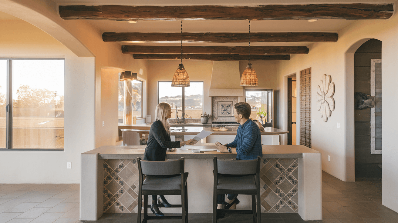 A real estate agent reviewing a home listing contract with clients at a kitchen table inside an Albuquerque home, natural light, contemporary interior with Southwestern design elements visible