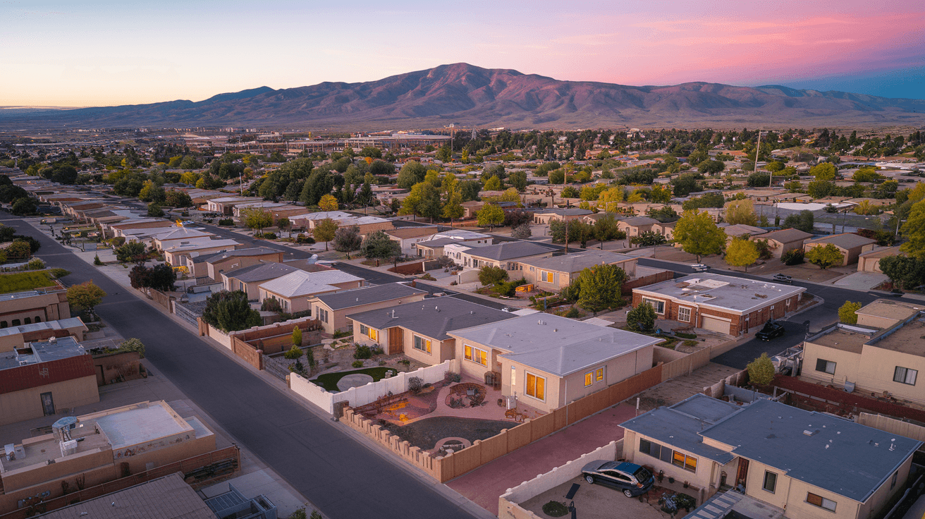 Aerial view of Albuquerque residential neighborhoods stretching east toward the Sandia Mountains at golden hour, showcasing the city's distinctive grid layout and mountain backdrop