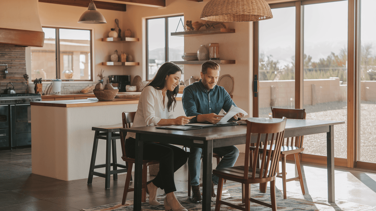 A couple reviewing documents at a kitchen table in a modern Albuquerque home, real estate paperwork visible, natural desert light coming through large windows
