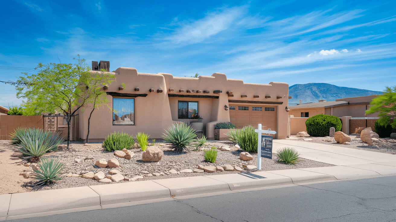 A well-maintained adobe-style home on a tree-lined street in the Northeast Heights, with a real estate for-sale sign in the front yard and the Sandia Mountains visible in the background