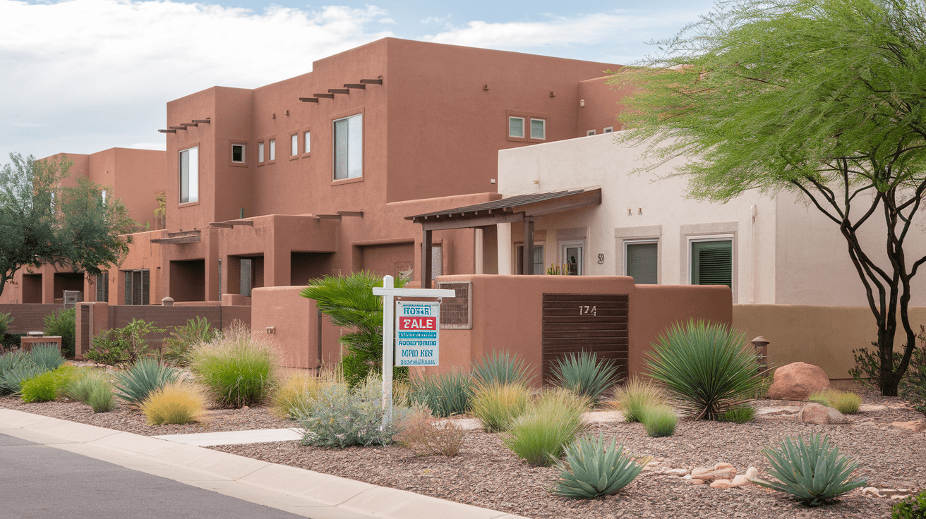 Street-level view of a modern townhome complex in Albuquerque's Northeast Heights with xeriscaped front yards, mountain views in the distance, and a for-sale sign near the entrance
